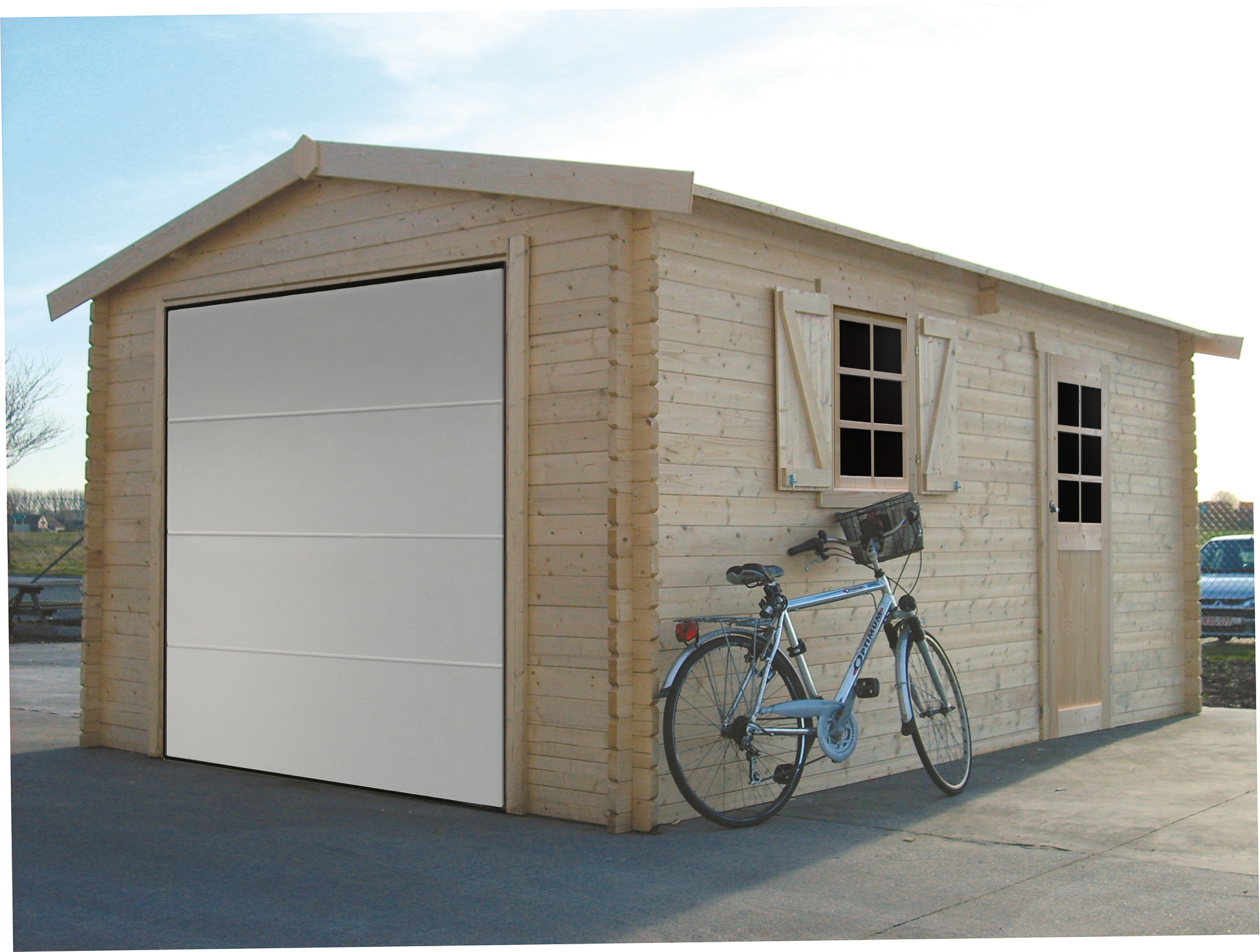 Garage en bois avec porte motorisée sectionnelle S8946